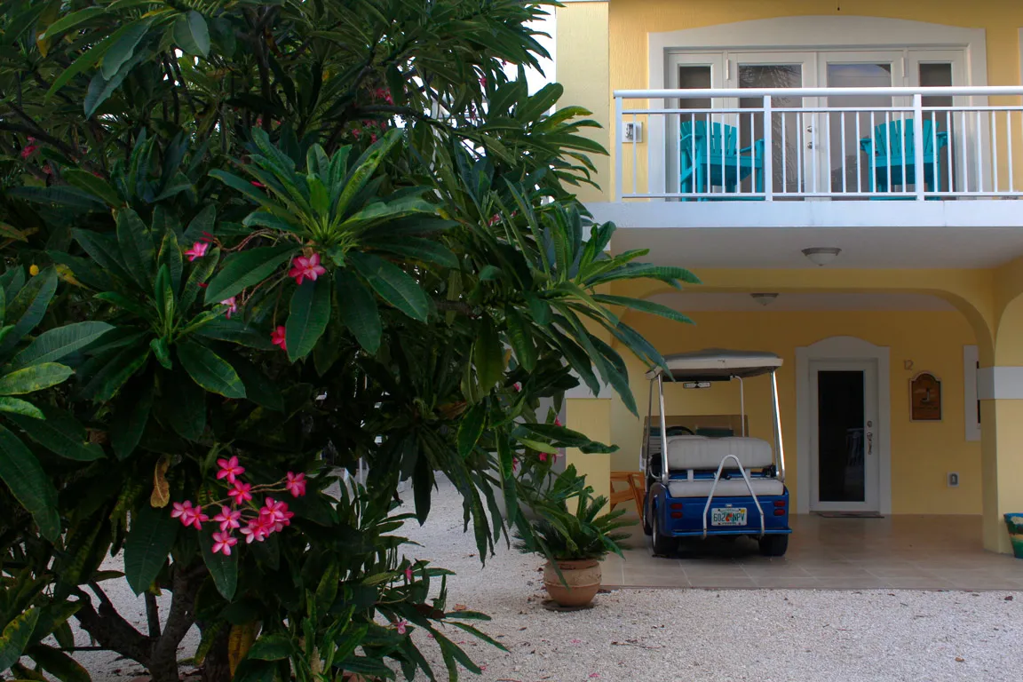 Approach to the home — sunshine-yellow stucco with white railings and tropical landscaping
