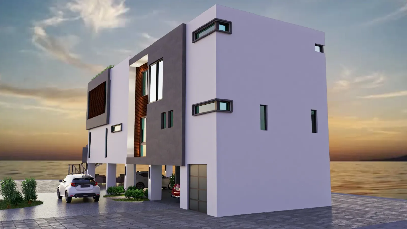 Rendering — 3-story side profile with under-house parking and rooftop terrace