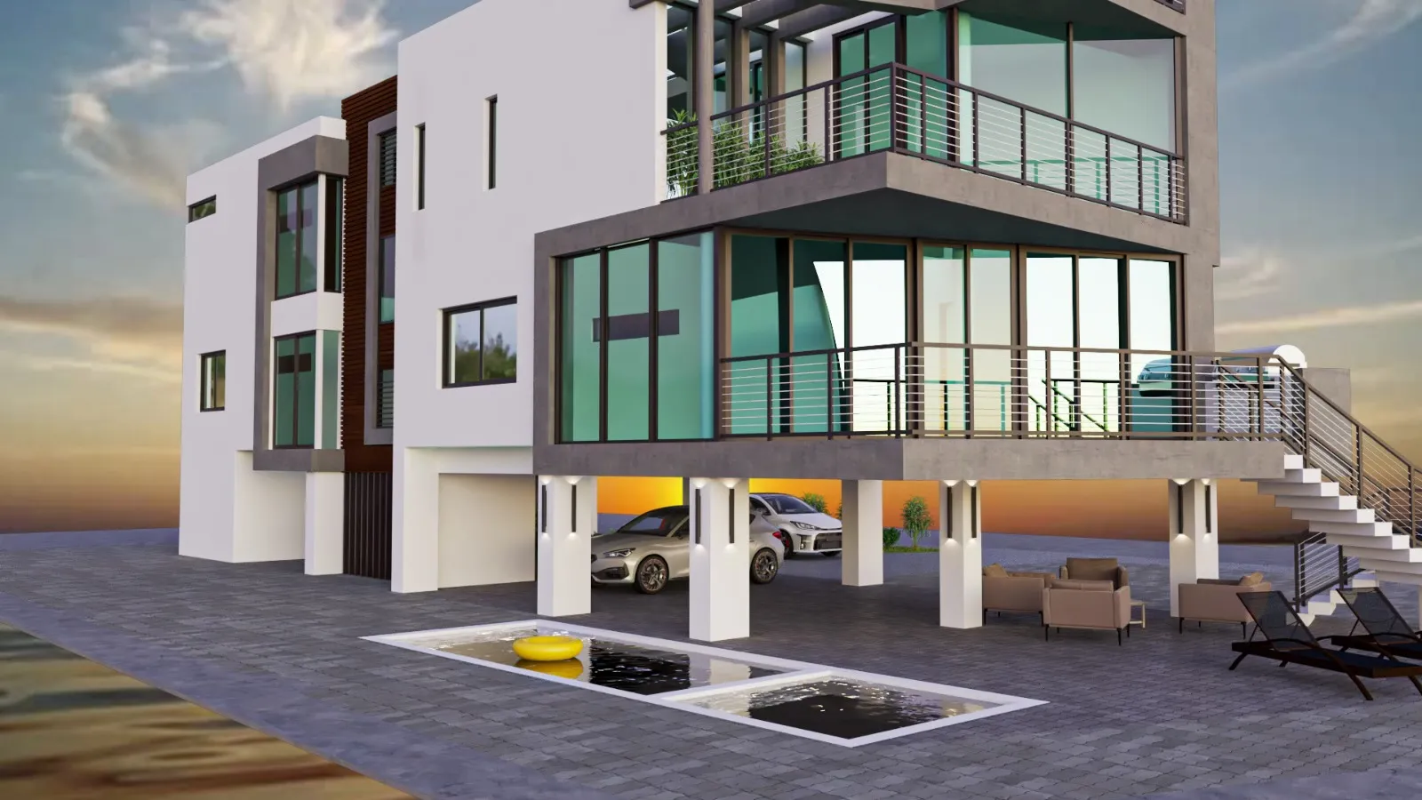 Rendering — waterfront facade with glass-walled levels and reflecting pool