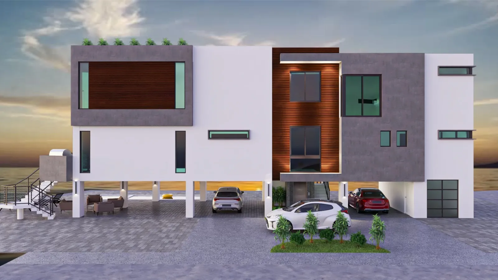 Rendering — wide front elevation, modern multi-volume design