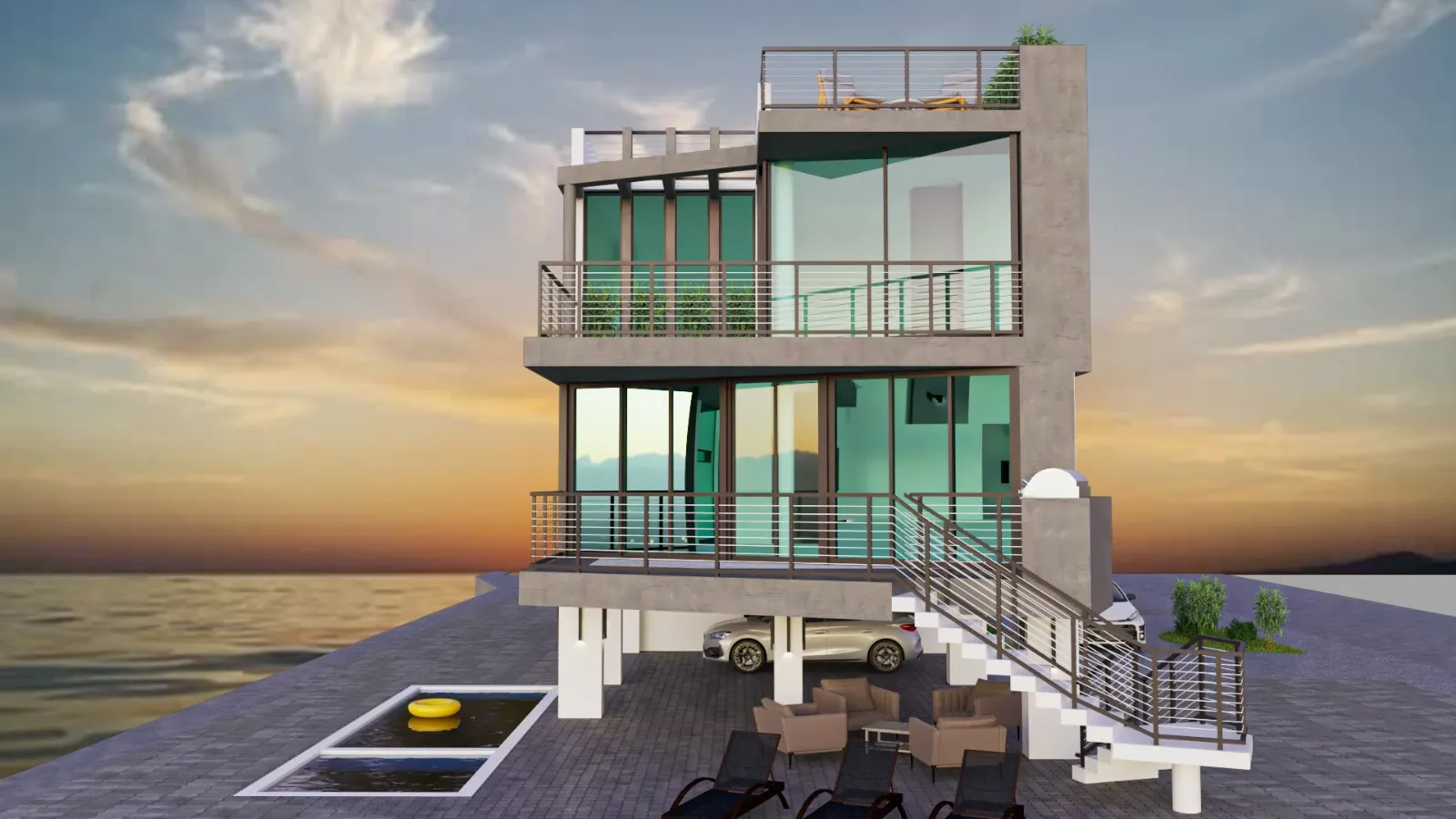 Rendering — waterfront perspective with rooftop deck and lap pool