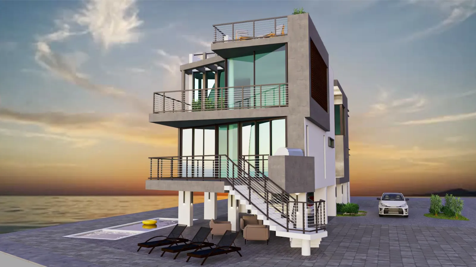 Rendering — three-quarter water view with second-level balcony