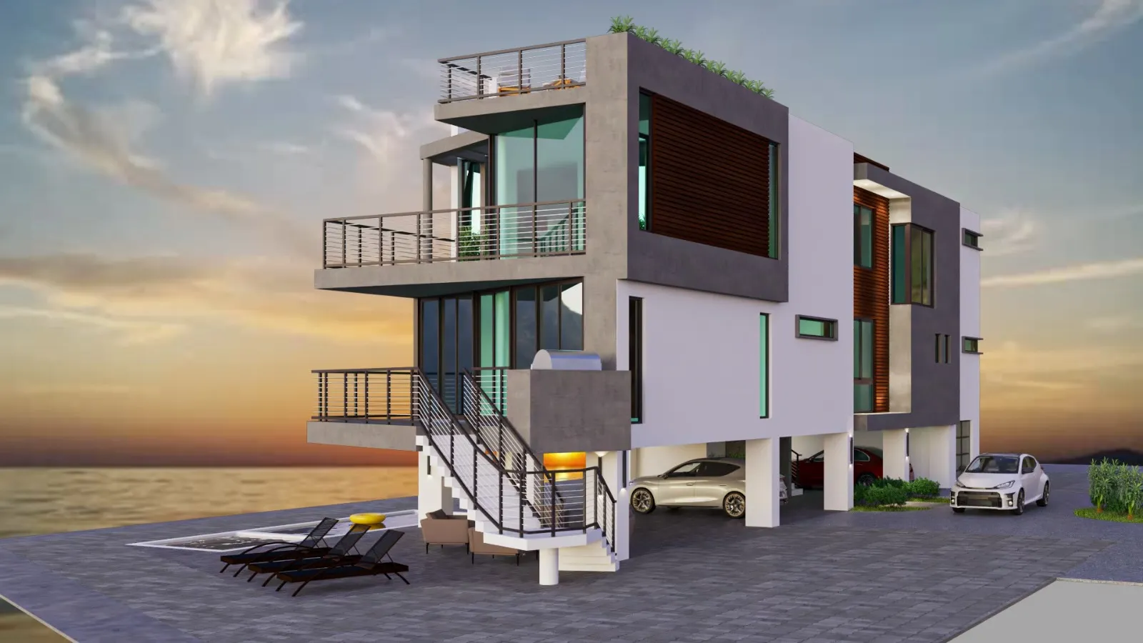 Rendering — side angle with concrete and warm-wood accents