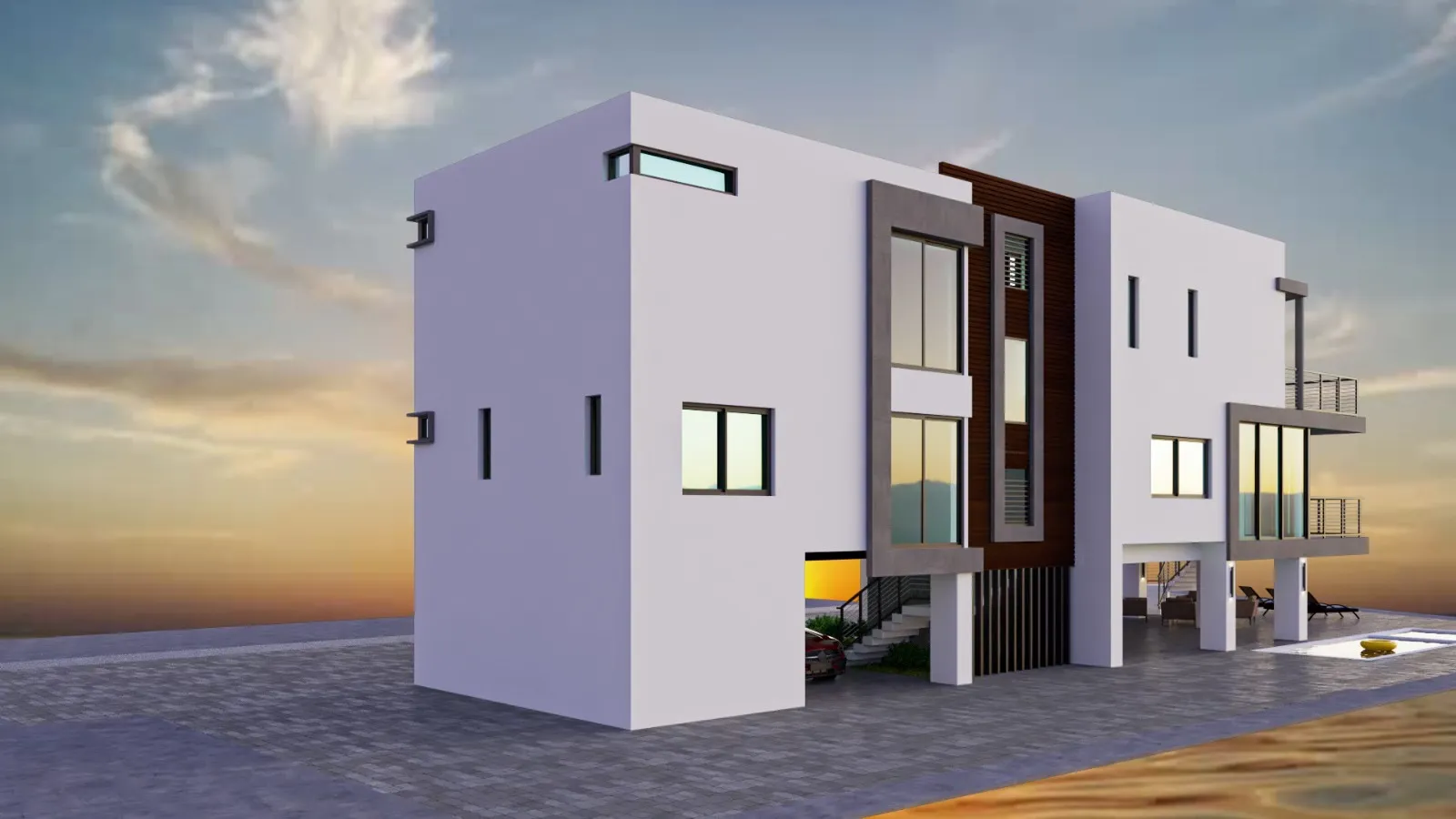 Rendering — tall side elevation with vertical wood slats